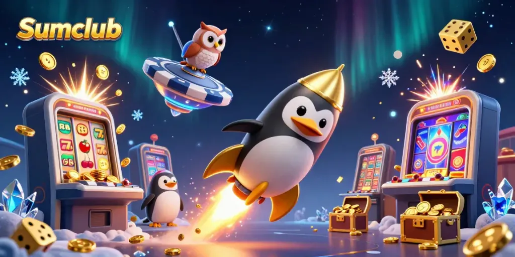 Join the exciting Sumclub adventure in a visually stunning 3D illustration featuring a golden penguin and dynamic casino elements.