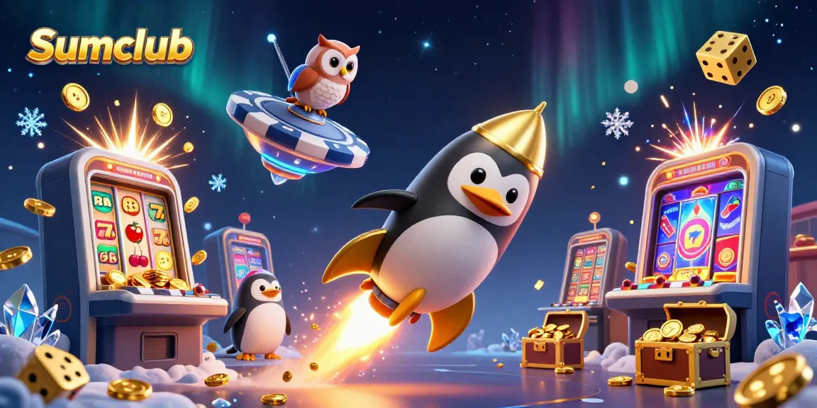 Join the exciting Sumclub adventure in a visually stunning 3D illustration featuring a golden penguin and dynamic casino elements.