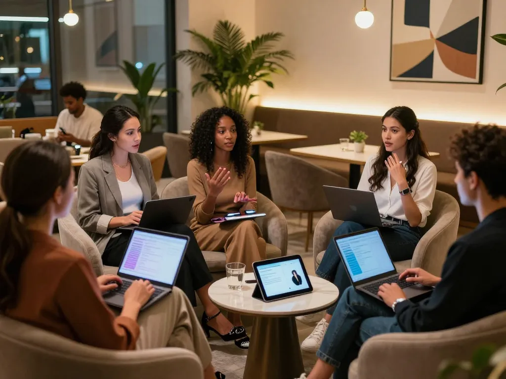 Discussion on ai sex advancements in a modern lounge, showcasing interactive tables and diverse participants.