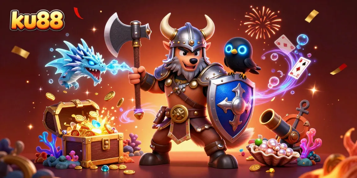 ku88 slot adventure with Viking wolf, fierce dragon, and glowing raven amidst treasure and cards