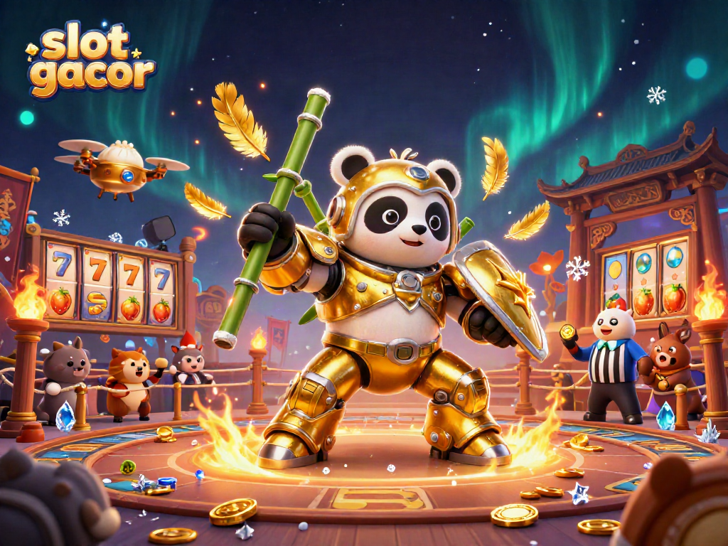 Experience the thrill of slot gacor in this dynamic casino arena illustration featuring a mech-suit panda.