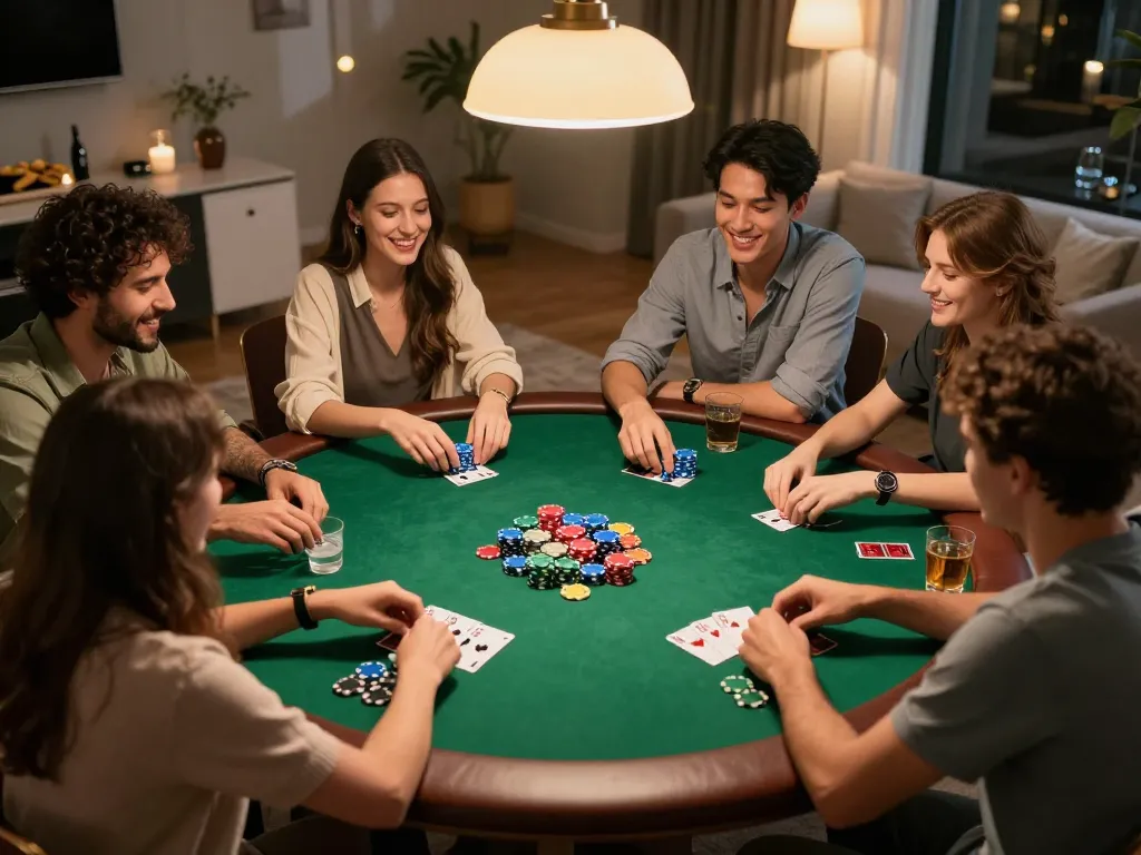 Players enjoying a poker game at home, showcasing strategic gameplay and camaraderie, with focus on tr88.