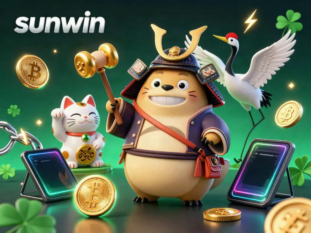 Experience thrilling gaming with sunwin, featuring lucky tanuki and vibrant crypto elements in a lively casino scene.