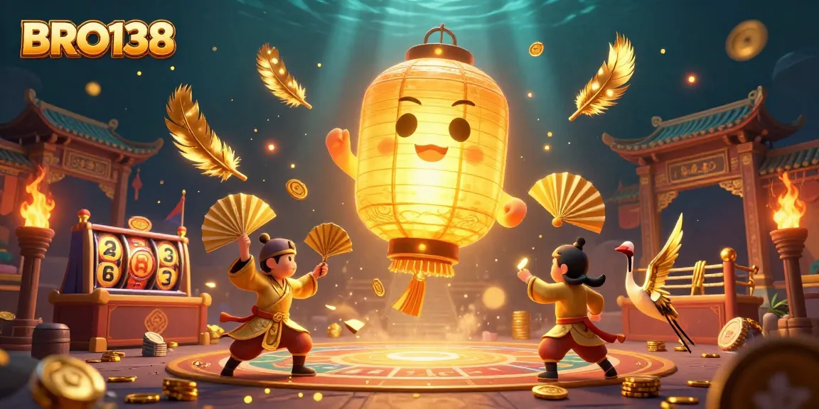 Experience the thrill of BRO138 slot games with dynamic golden lanterns and vibrant casino elements.