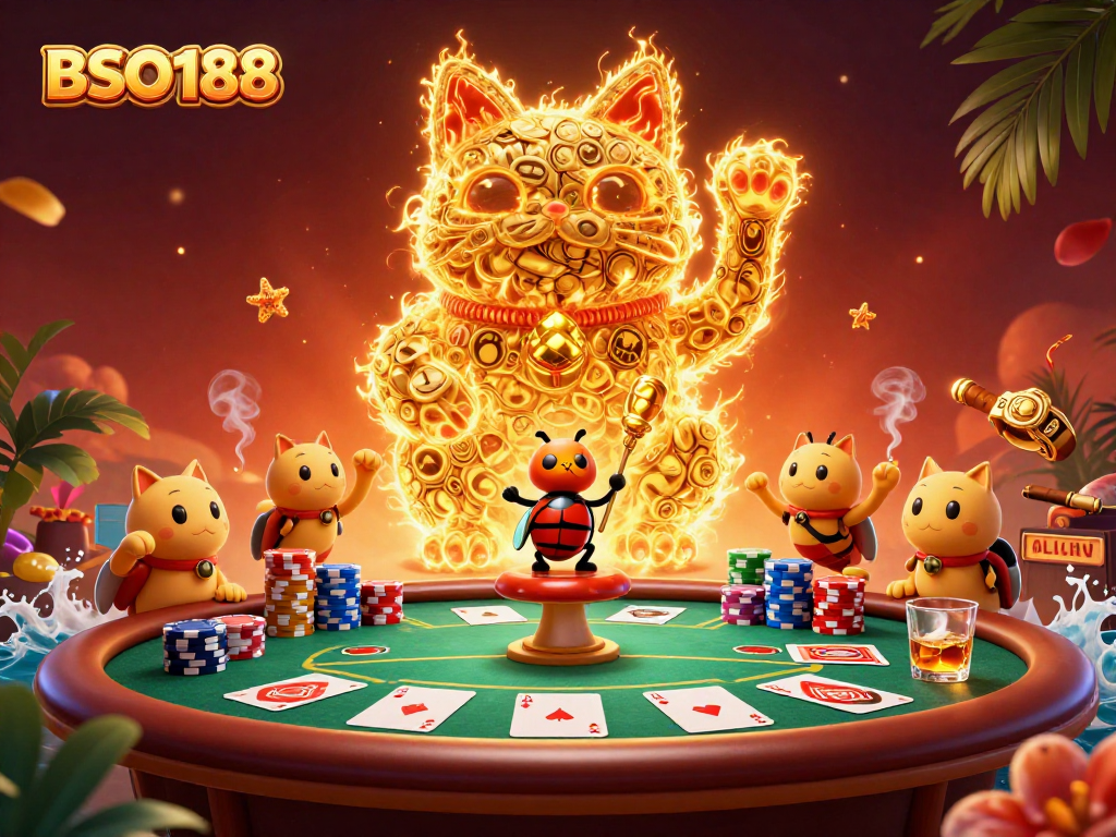 Engage with BSO188's lively illustrations of a lucky cat amidst casino elements, perfect for gamblers.
