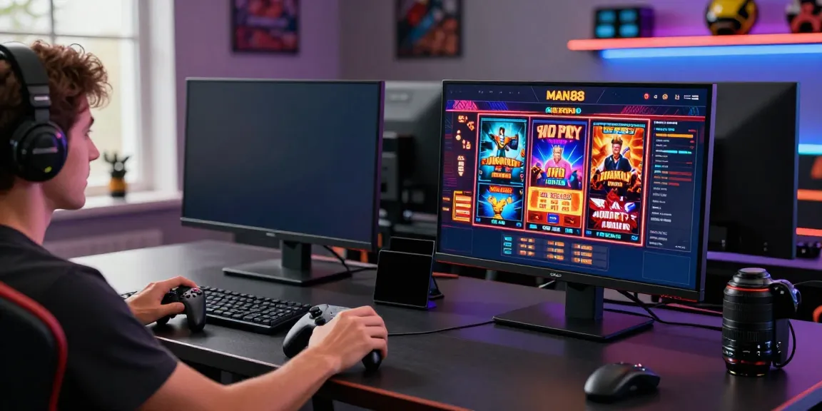 Engaged player enjoying thrilling game experiences on MAN88 platform with vibrant lights and dual monitors.