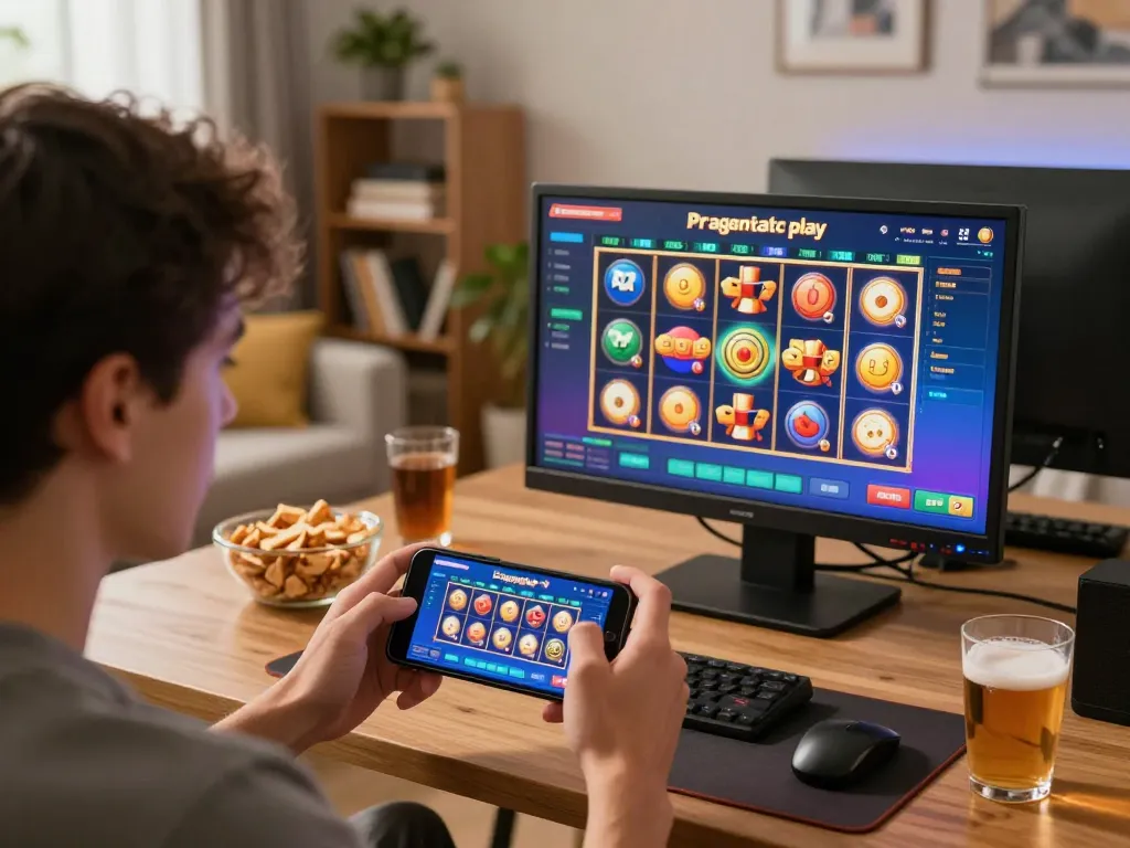 Player engaged in Pragmaticplay slot game on smartphone in cozy home setting, showcasing responsible gaming.