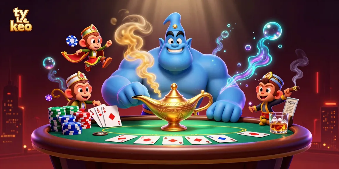 Experience the excitement of ty le keo with a dynamic 3D scene of a genie, monkey, and poker elements.