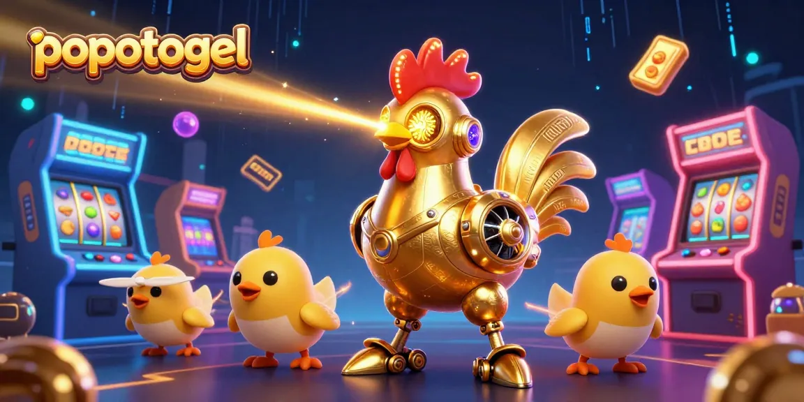 Engage with popotogel's vibrant gaming universe featuring a golden rooster robot and colorful arcade elements.