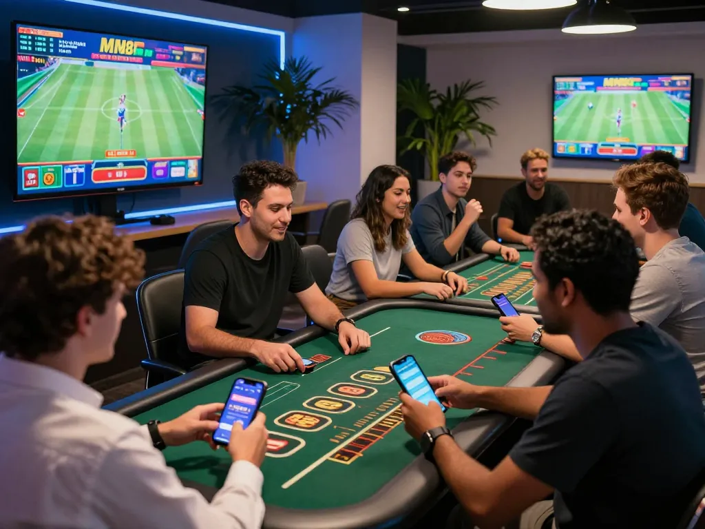 Players enjoying a thrilling gaming experience at MM88, engaging in casino games with modern devices in a vibrant lounge.