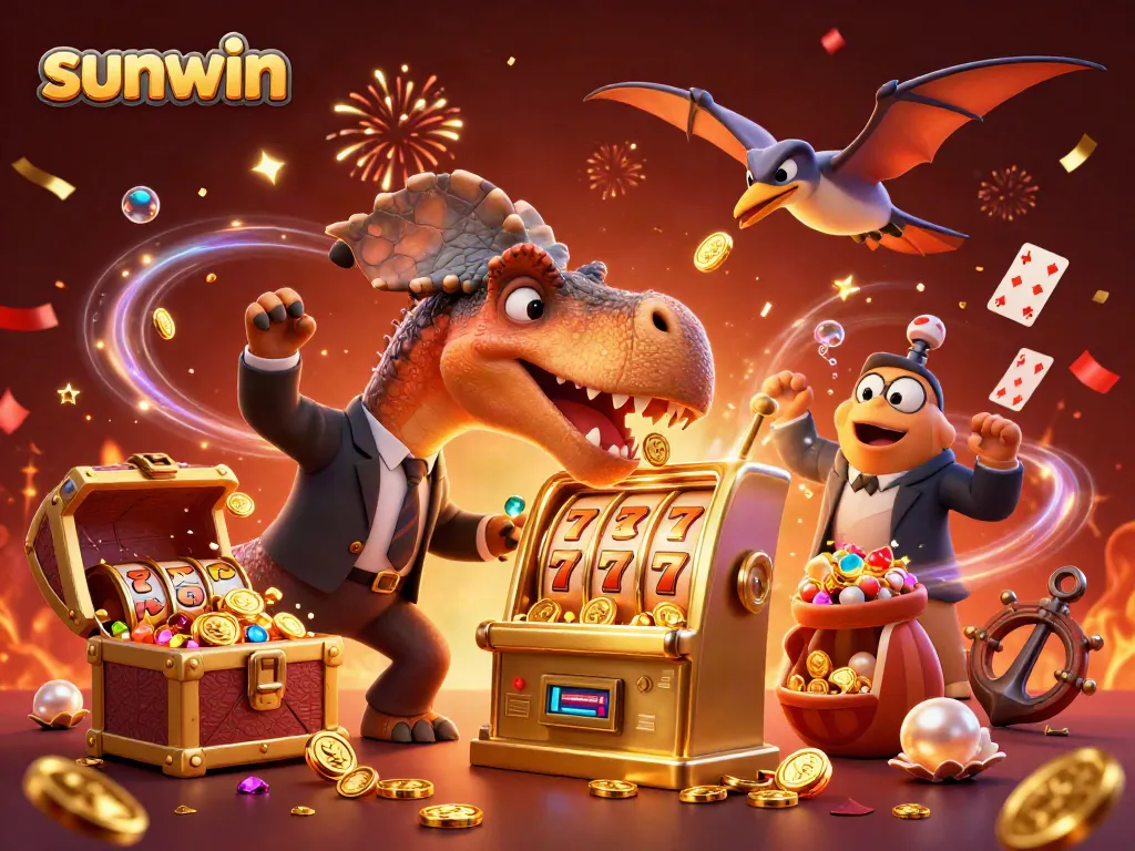 Experience sunwin's thrilling jackpot action as ancient creatures celebrate the casino wins with gold coins.