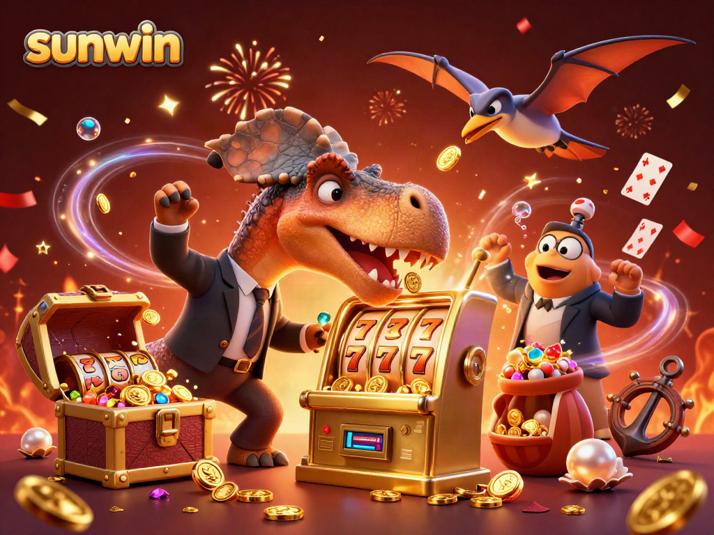 Experience sunwin's thrilling jackpot action as ancient creatures celebrate the casino wins with gold coins.