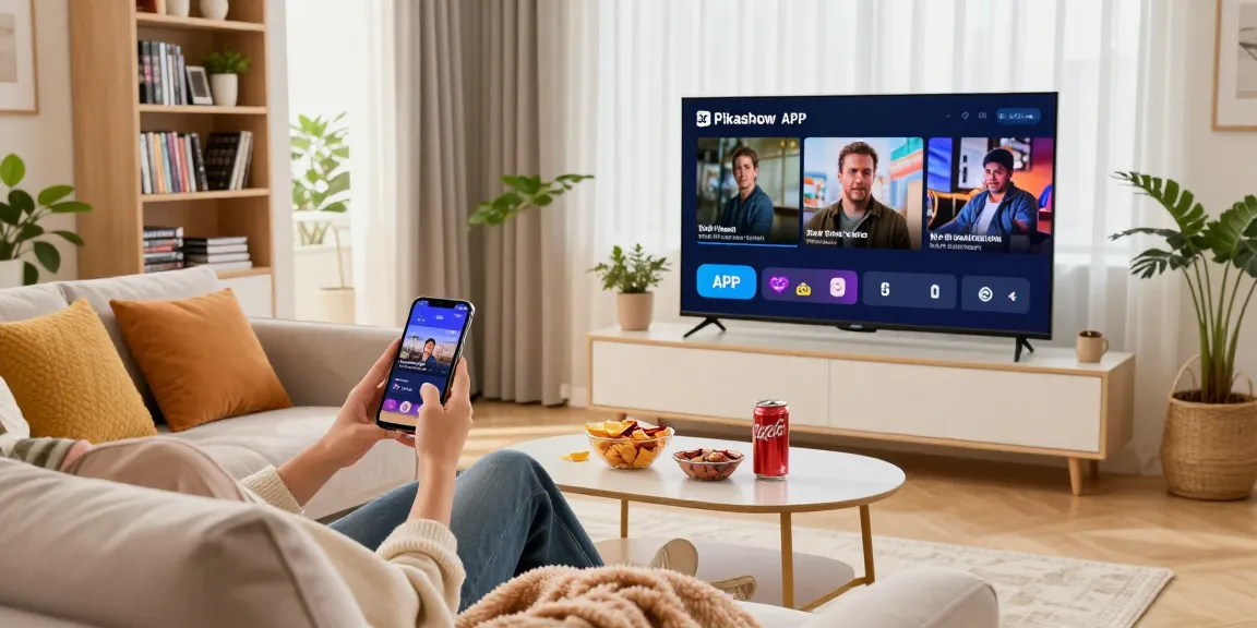 Pikashow APK streaming scene showing a person enjoying movies on a large TV in a cozy living room filled with snacks and decor.