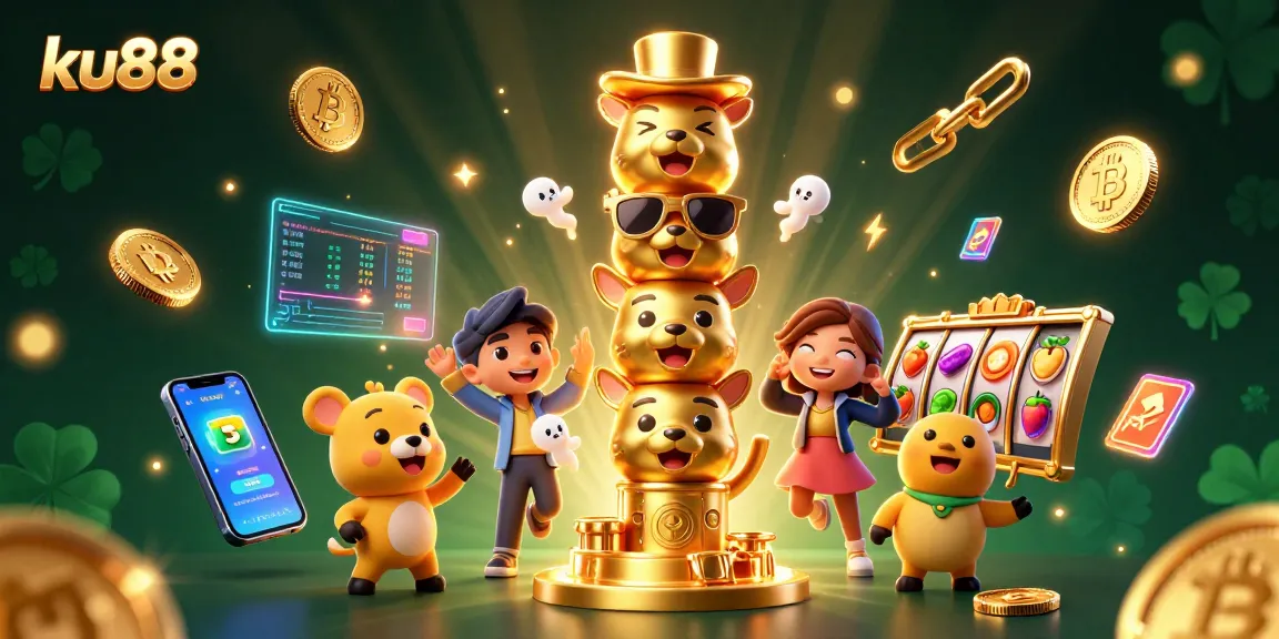 ku88 energizes players with a vibrant 3D casino scene featuring slot elements and crypto coins.