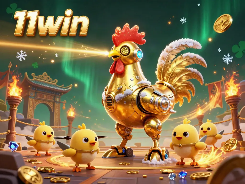 Experience the excitement of 11win with a dynamic scene featuring a golden rooster robot and playful chick drones amidst a vibrant casino setting.