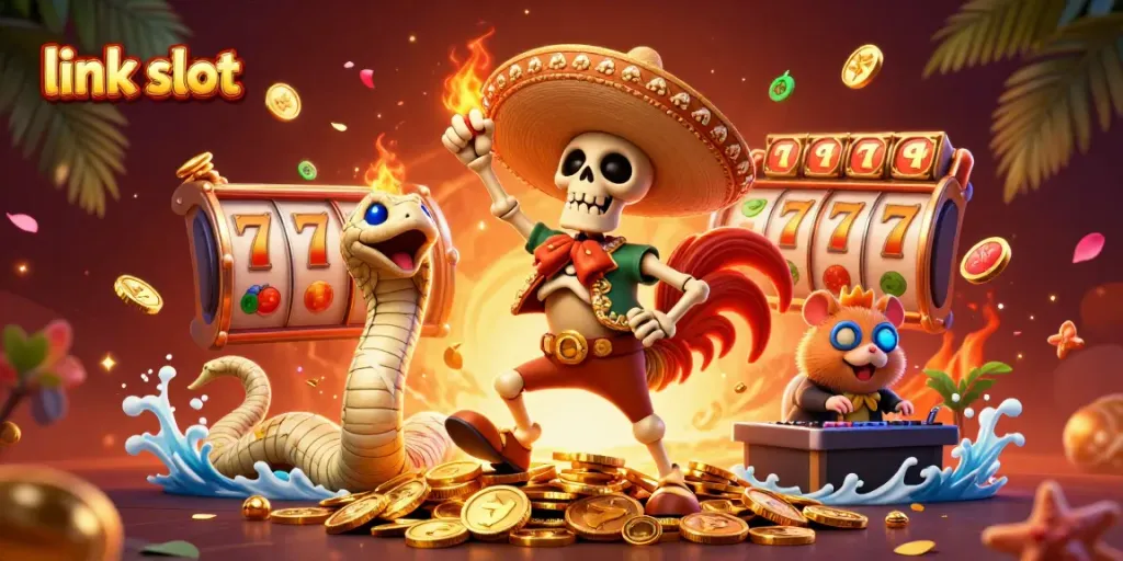 Winning on the link slot game with dynamic visuals and engaging characters celebrating big wins.