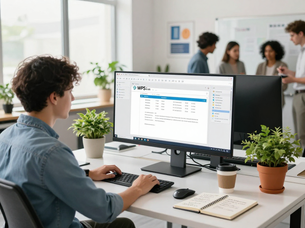 WPS Office下载官网界面的现代办公场景，展示年轻专业人士的高效工作环境。