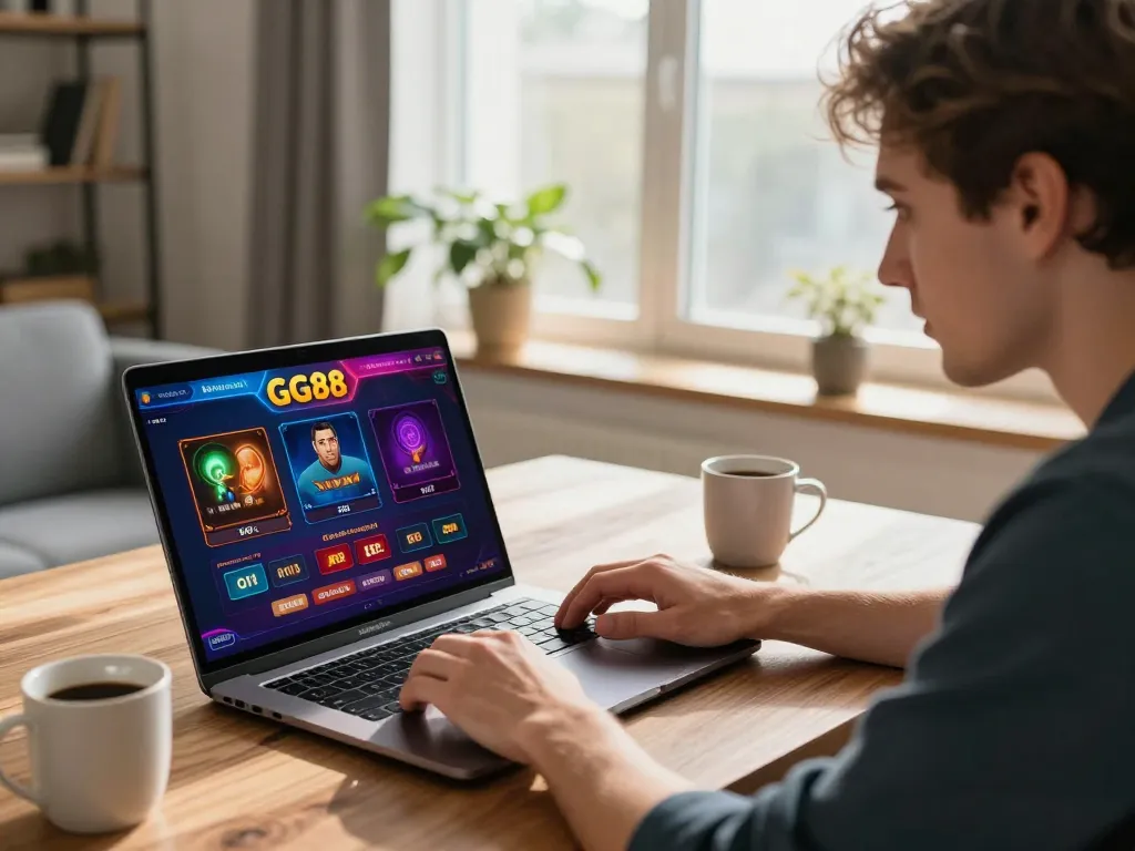 Player engaging with GG88 online casino interface on laptop, showcasing a colorful gaming experience.