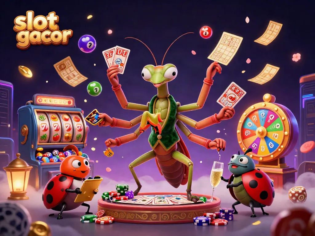 Experience the thrill of slot gacor with a vibrant casino scene featuring a giant mantis card sharp and dynamic game elements.