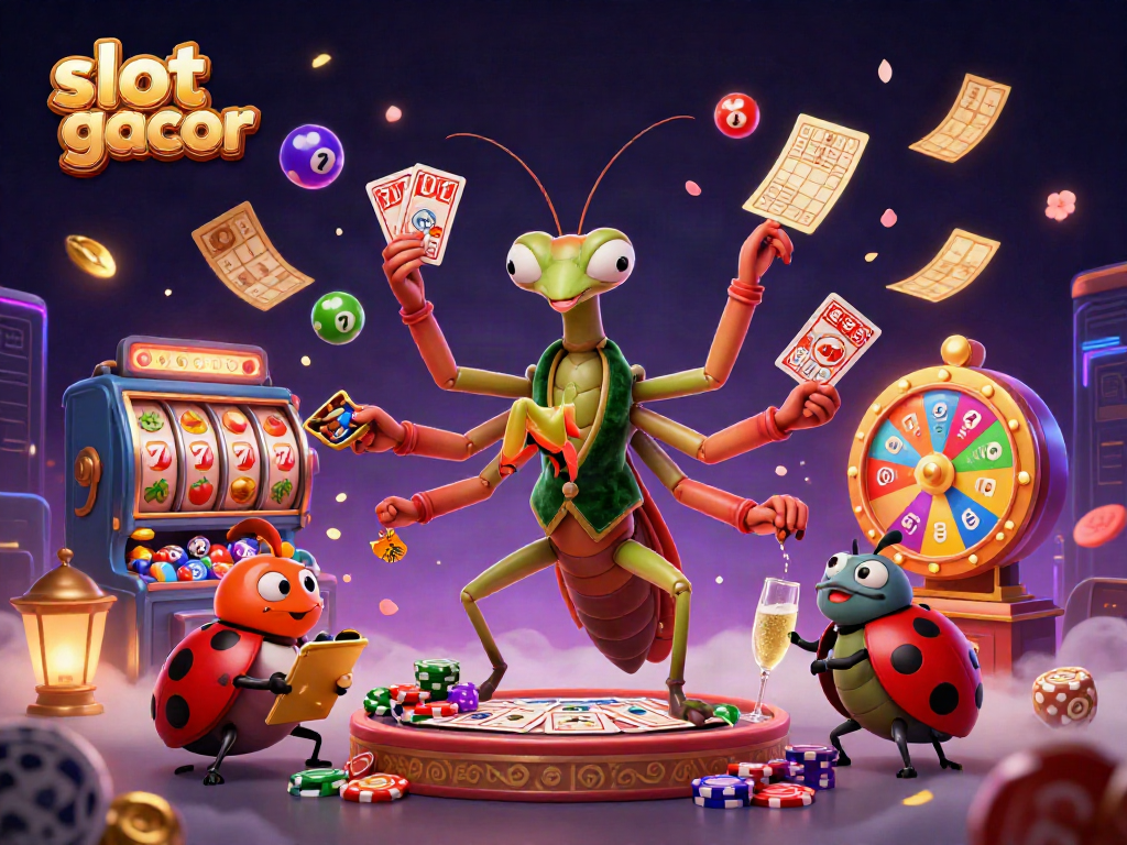 Experience the thrill of slot gacor with a vibrant casino scene featuring a giant mantis card sharp and dynamic game elements.