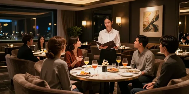 강남구구단의 고급스러운 독립 룸에서 손님을 맞이하는 매니저 모습