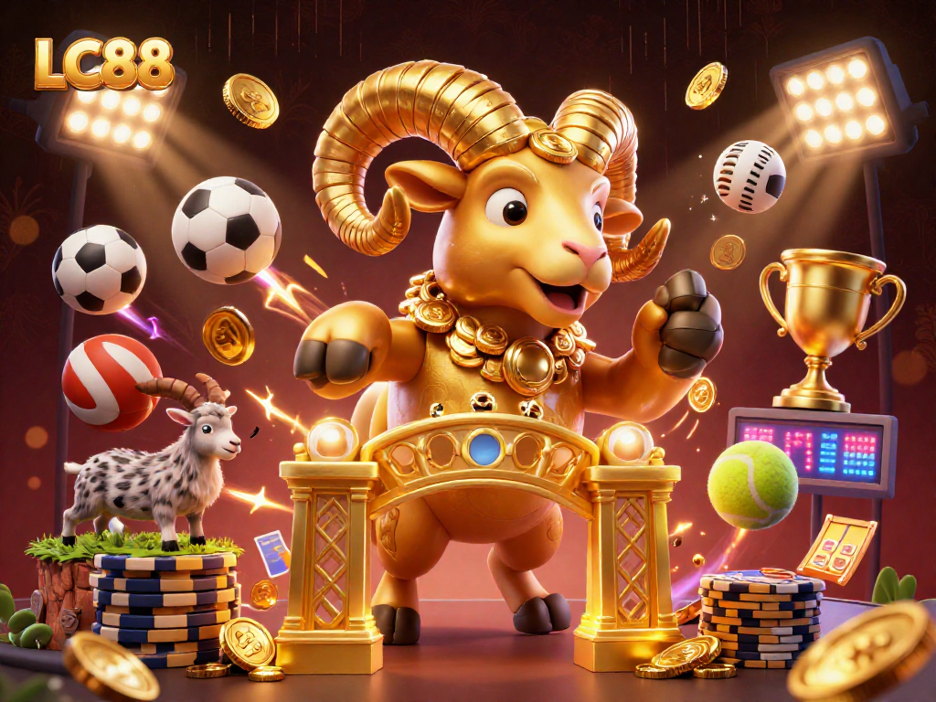 LC88 features a charging golden ram amidst dynamic sports betting elements like balls and trophies.