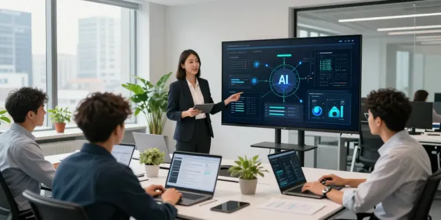 Team collaborating on enterprise AI solutions in a modern office.