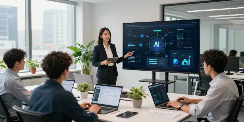 Team collaborating on enterprise AI solutions in a modern office.