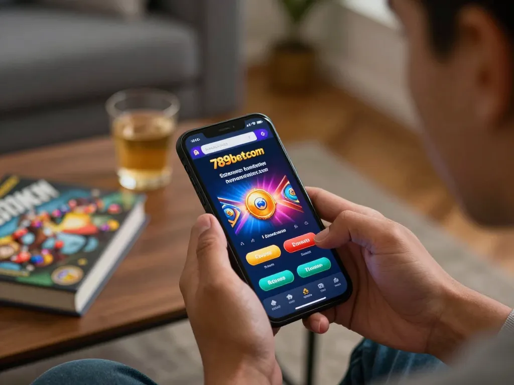 Player engaging with 789betcom's casino app on smartphone, showcasing a strategic home gaming setup