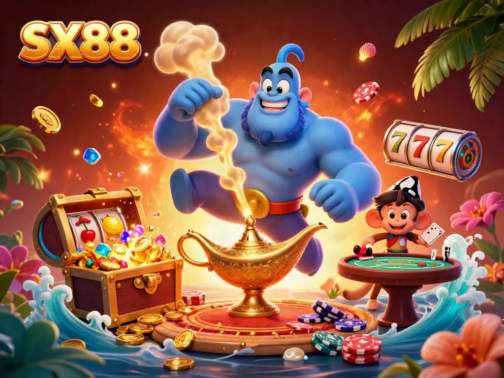 SX88 game scene showcasing a genie, monkey, and magic carpet amid vibrant casino elements.