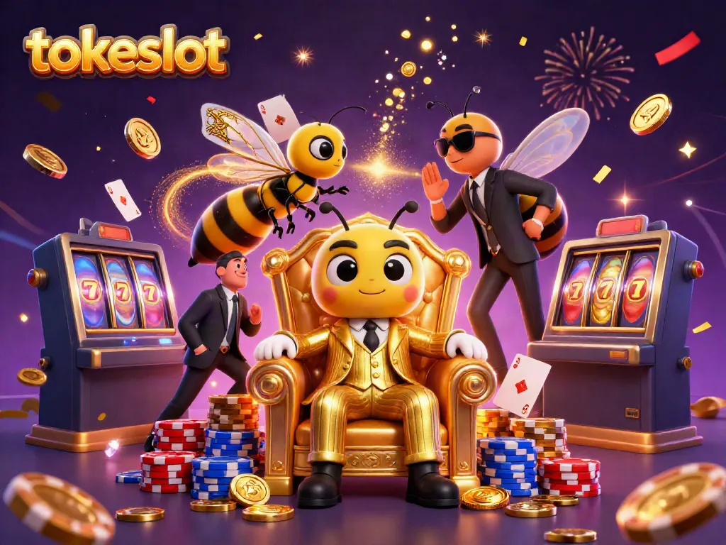 Tokeslot platform features a vibrant 3D scene with gaming elements capturing attention in a casino-like atmosphere.