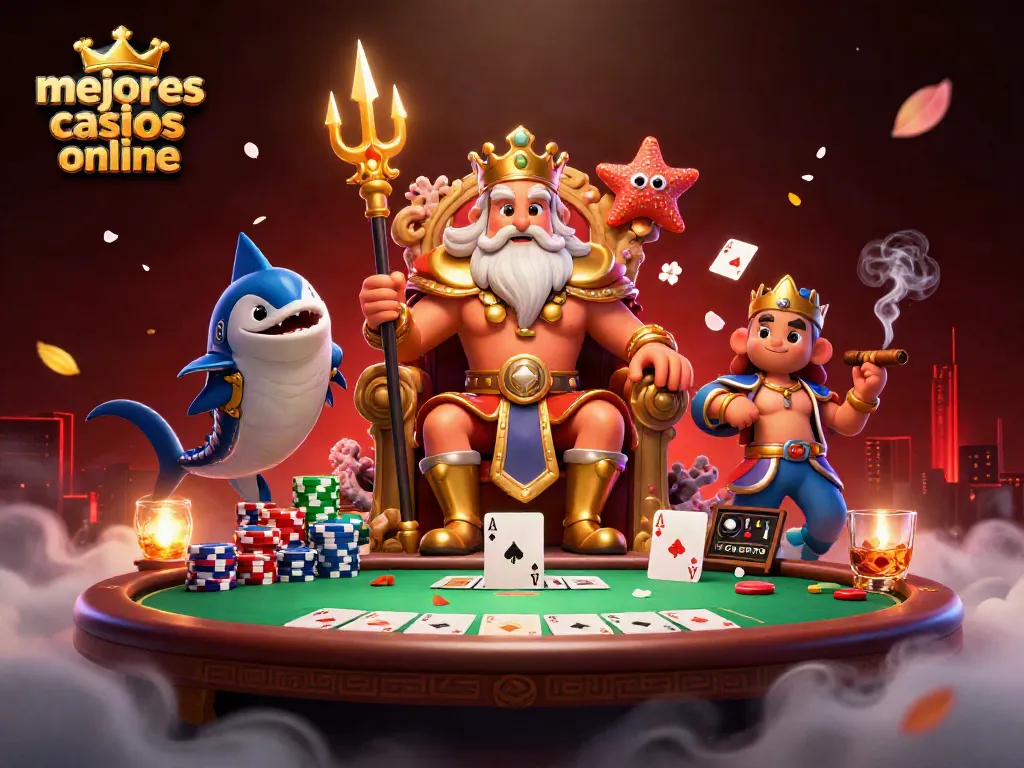 Ilustra los mejores casinos online con el rey Neptuno y elementos de juego.