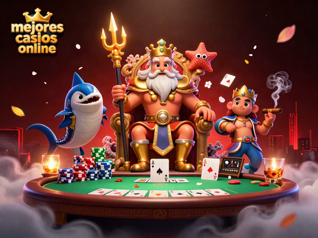 Ilustra los mejores casinos online con el rey Neptuno y elementos de juego.