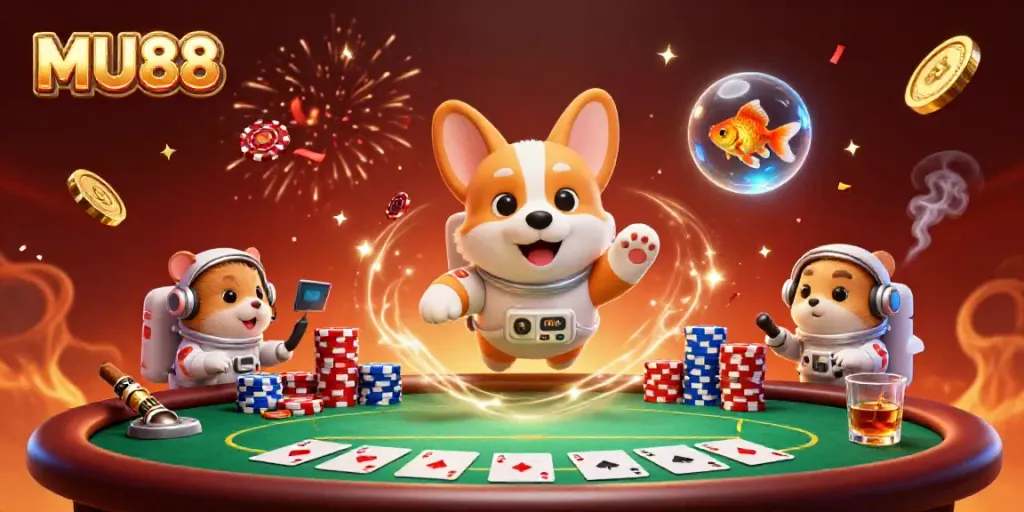 Experience excitement at MU88 with a 3D cartoon illustration of a floating astronaut corgi in a space casino.