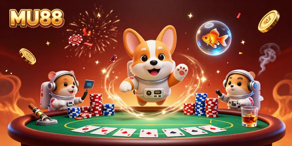 Experience excitement at MU88 with a 3D cartoon illustration of a floating astronaut corgi in a space casino.