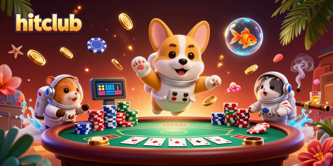 Engage in hitclub's thrilling space casino adventure with a floating poker scene and charming characters.