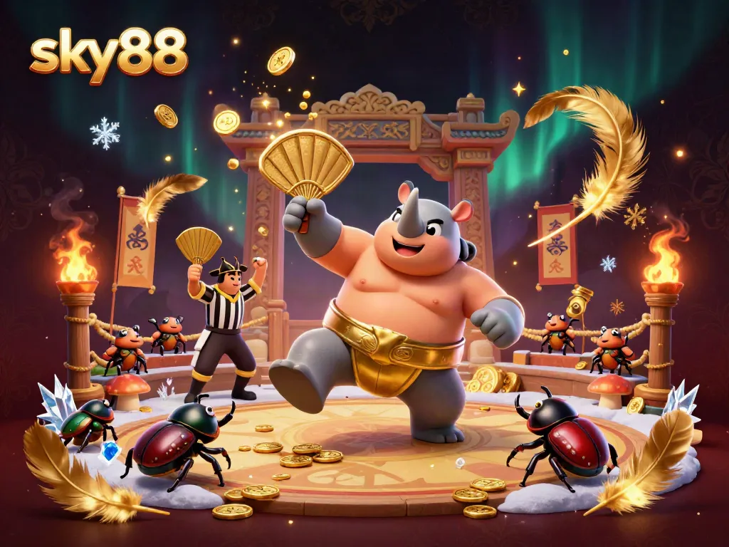Sky88 online gaming scene with a sumo beetle champion and cricket referee, surrounded by dynamic casino elements.