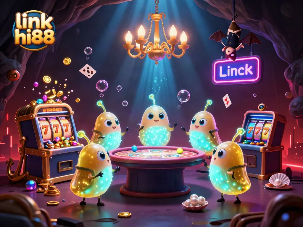 Experience thrilling gameplay at link hi88 with a vibrant cartoon casino scene illuminated by glowworms.