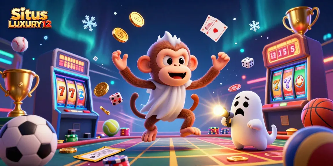 Situs LUXURY12 showcases an engaging 3D illustration of a mischievous poltergeist monkey and a curious puppy in a thrilling casino scene.