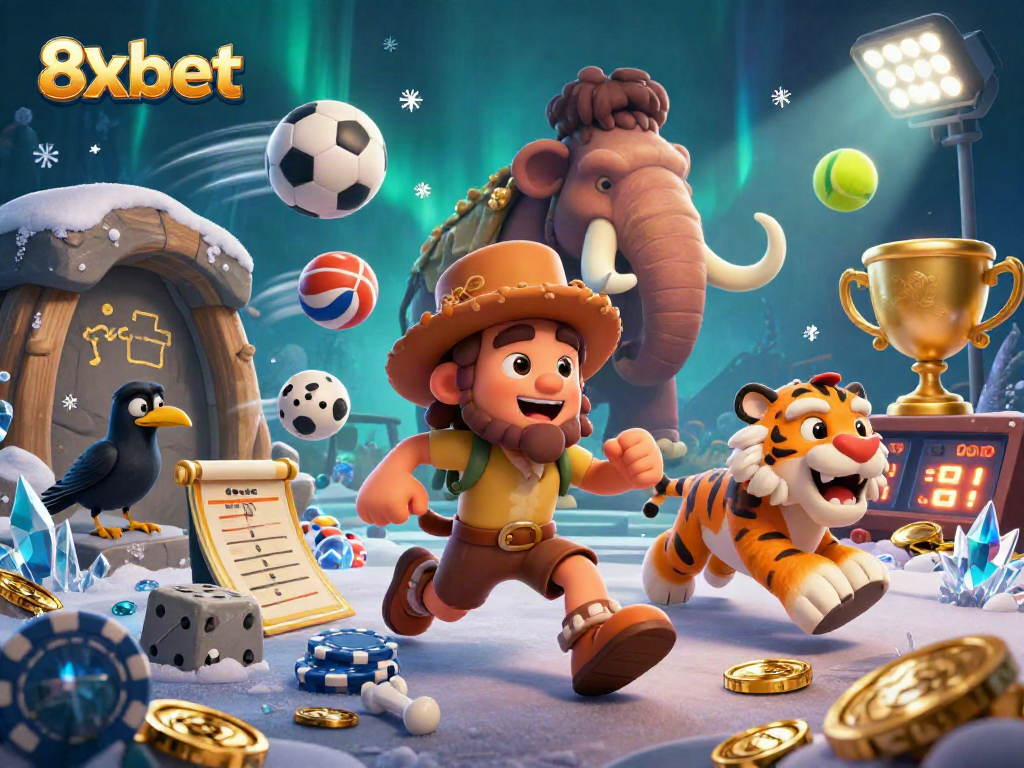 8xbet highlights thrilling gameplay with a caveman and tiger duo in a prehistoric casino setting filled with sports excitement.