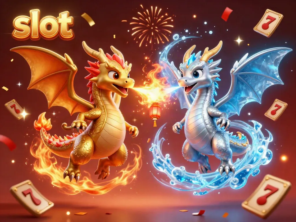 Experience thrilling slot action with twin dragons battling in a vibrant 3D casino world.