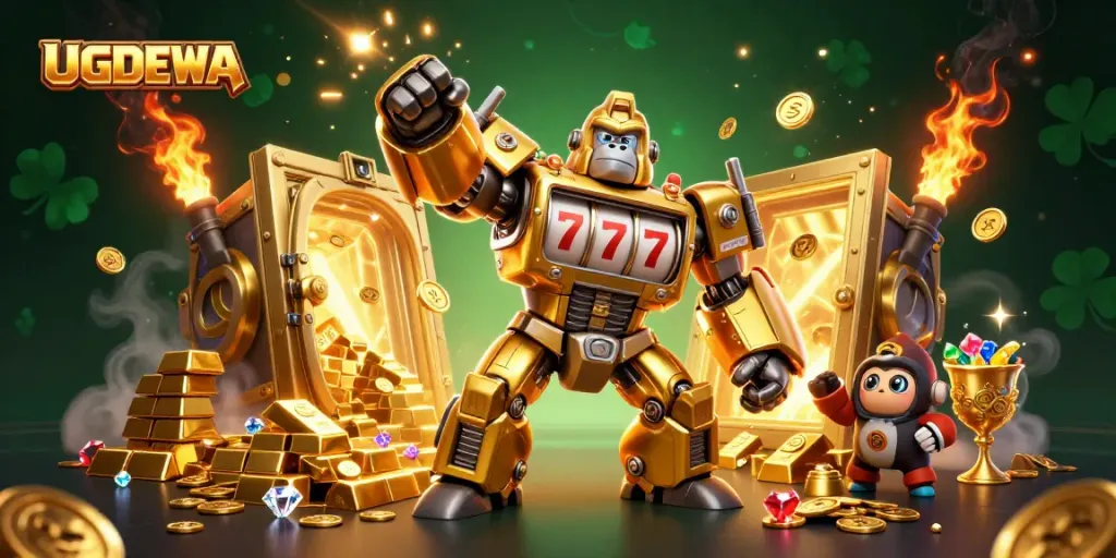 UGDEWA transforms slot machine excitement with a dynamic gorilla mech in a treasure-filled scene.