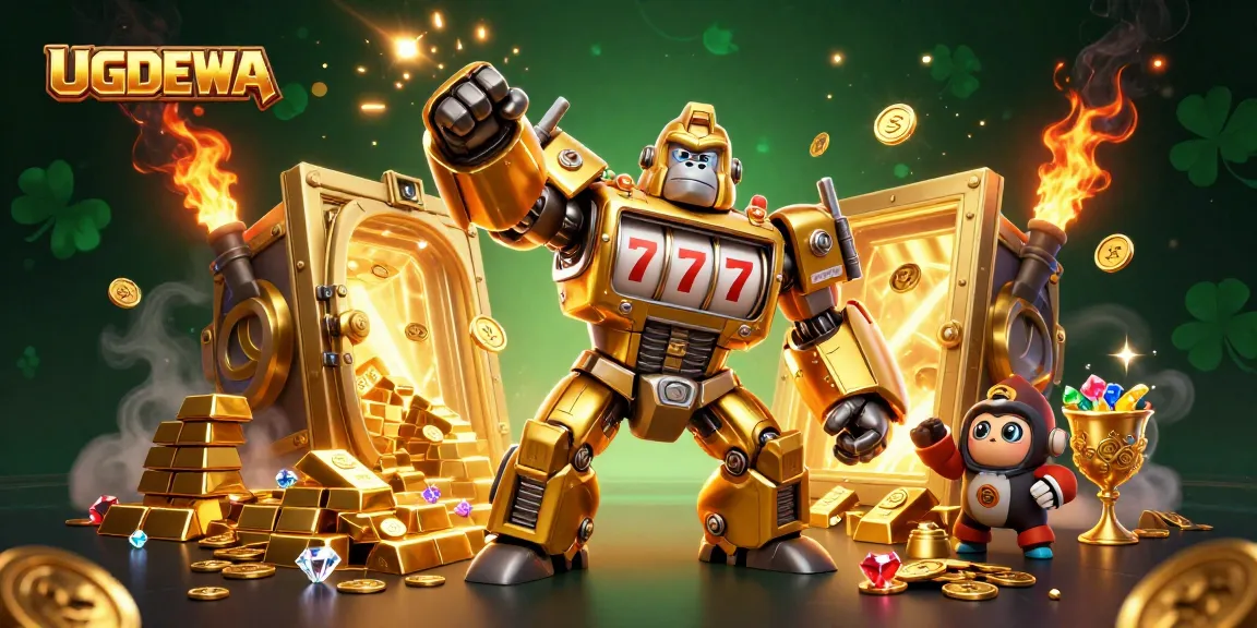 UGDEWA transforms slot machine excitement with a dynamic gorilla mech in a treasure-filled scene.