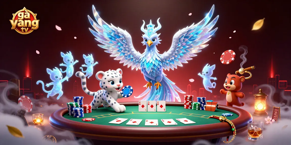 Engage with gà vàng tv's vibrant casino scene featuring an ice phoenix, poker elements, and glowing sprites.