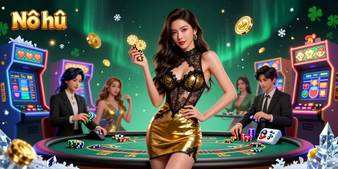 Experience Nổ hũ excitement at the exclusive VIP baccarat table surrounded by casino gaming elements.