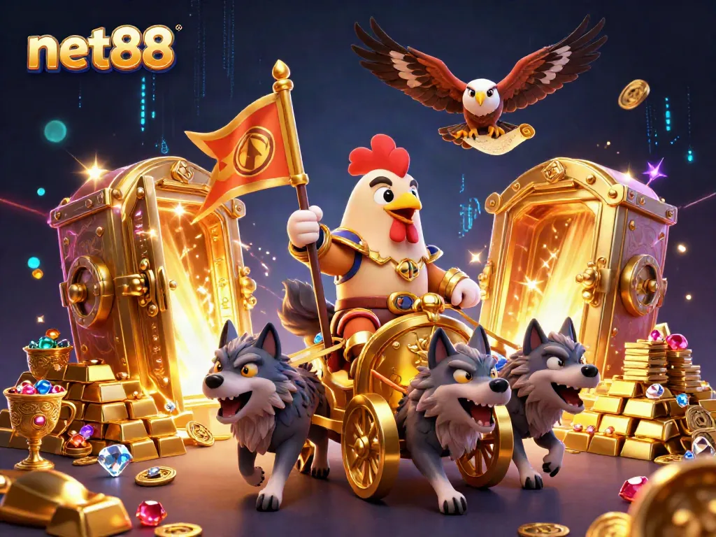 Experience thrilling adventures in net88 with this vibrant 3D cartoon scene of a rooster warlord's journey.