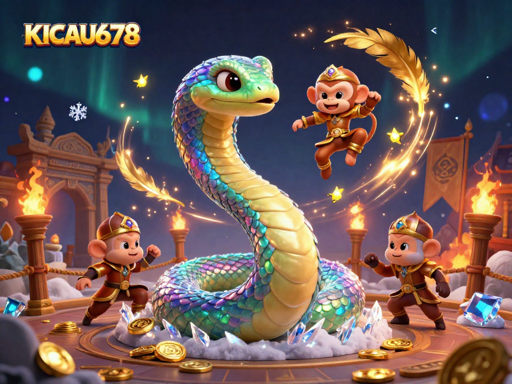 KICAU678 unleashes the thrill of gaming with a vibrant, enchanting casino scene featuring a magical serpent and gold.
