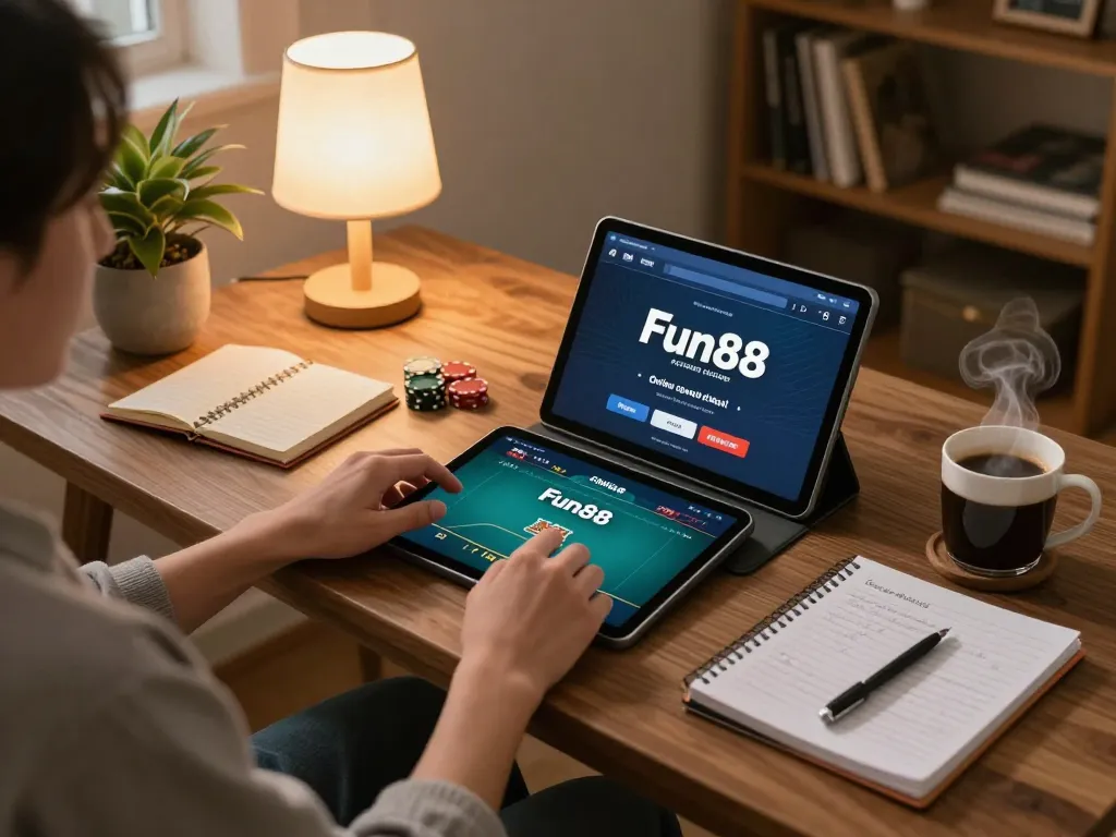 Engaging with Fun88 online casino from a cozy living room setup while playing poker on a tablet.