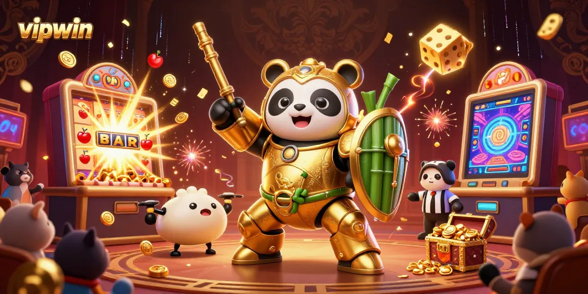Experience the excitement of vipwin with a dynamic 3D casino scene featuring a panda in a mech-suit and a jackpot explosion.