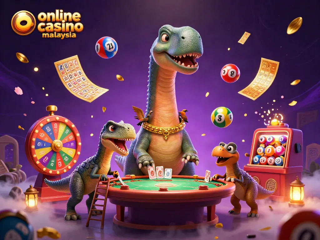 Engage in excitement with a vibrant scene showcasing online casino malaysia elements like lottery balls and dynamic games.